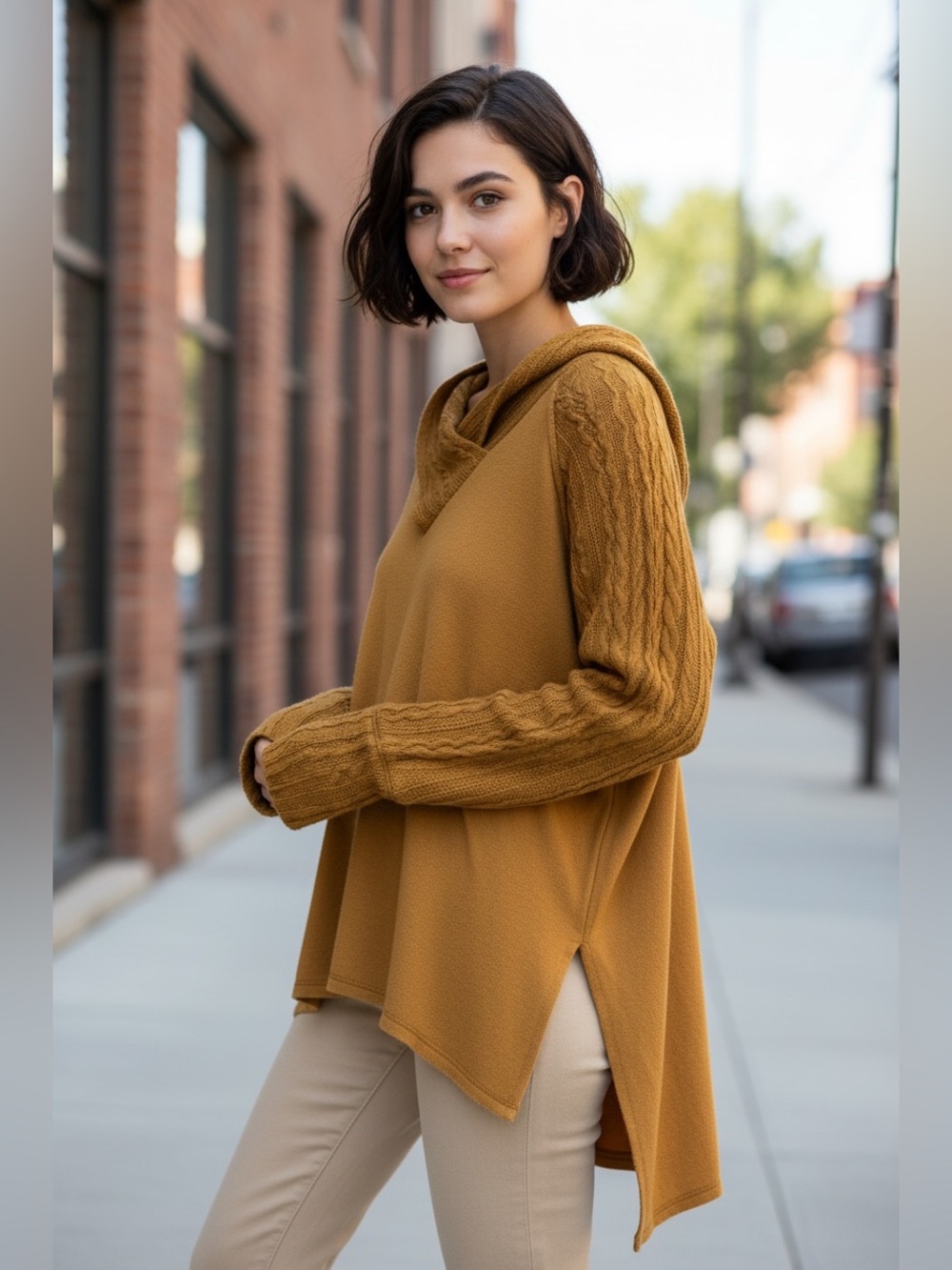 gimmicks by BKE Caramel/Tan Knit Top with Lace Trim. Pre Loved
